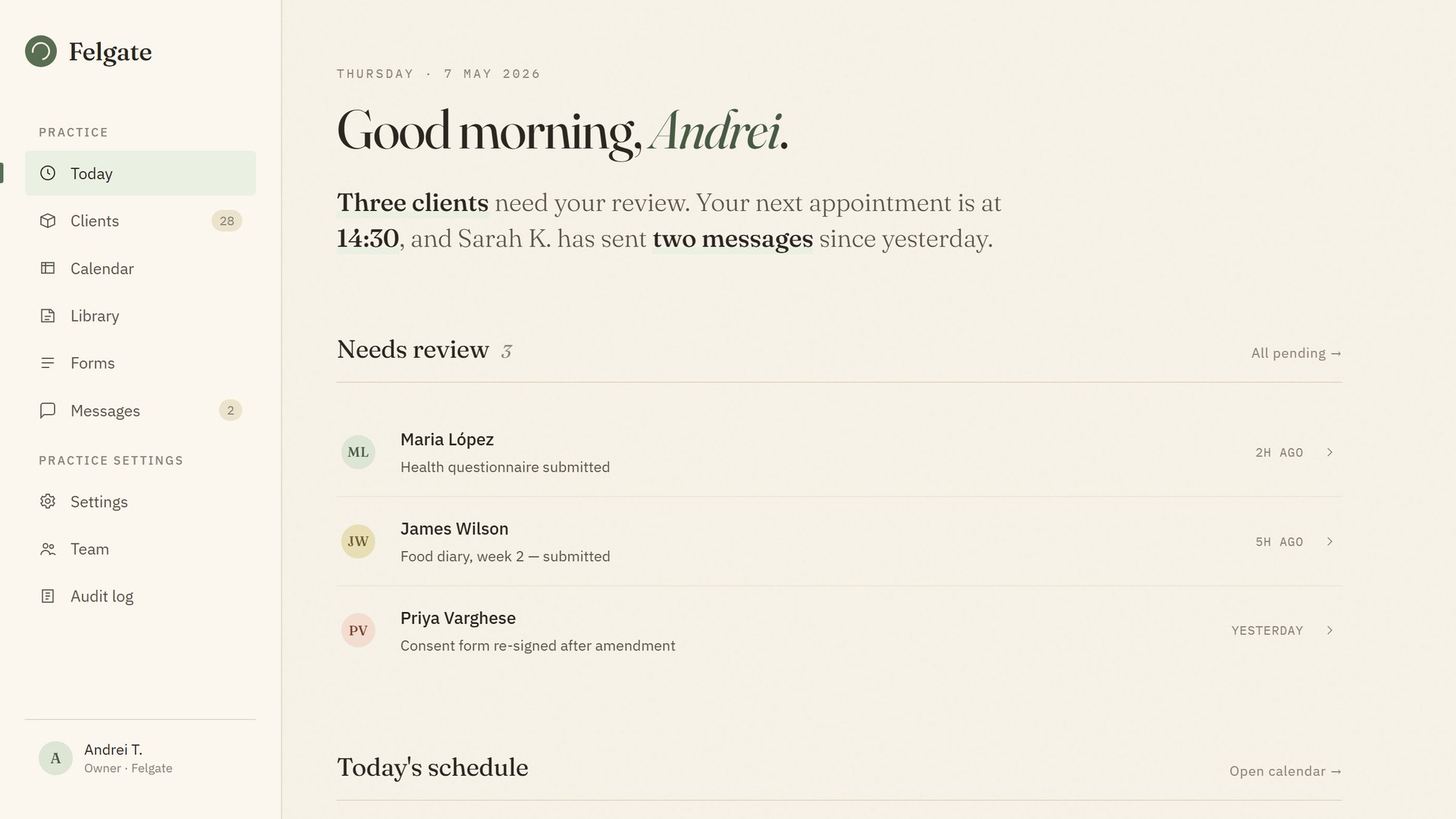 The Felgate practitioner dashboard: today's client reviews, schedule and messages